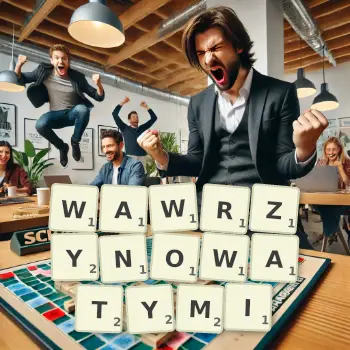Kreatywna ilustracja do gry w Scrabble ze słowem WAWRZYNOWATYMI ułożonym z płytek na planszy.