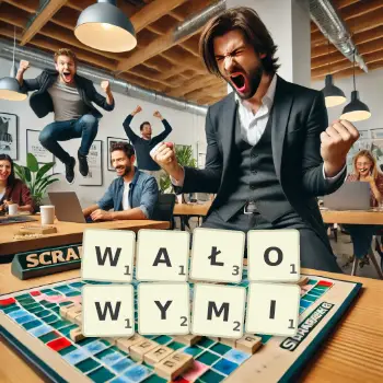 Kreatywna ilustracja do gry w Scrabble ze słowem WAŁOWYMI ułożonym z płytek na planszy.