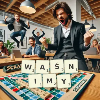 Kreatywna ilustracja do gry w Scrabble ze słowem WAŚNIMY ułożonym z płytek na planszy.