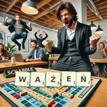 Kreatywna ilustracja do gry w Scrabble ze słowem WAŻEŃ ułożonym z płytek na planszy.