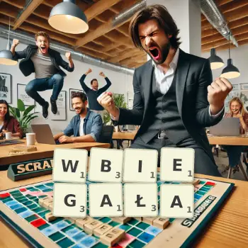 Kreatywna ilustracja do gry w Scrabble ze słowem WBIEGAŁA ułożonym z płytek na planszy.