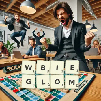Kreatywna ilustracja do gry w Scrabble ze słowem WBIEGLOM ułożonym z płytek na planszy.