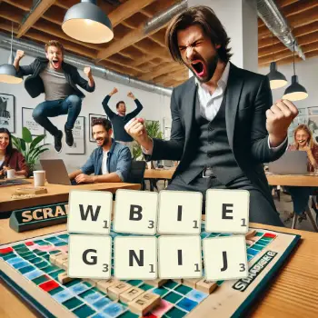 Kreatywna ilustracja do gry w Scrabble ze słowem WBIEGNIJ ułożonym z płytek na planszy.