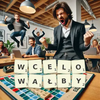 Kreatywna ilustracja do gry w Scrabble ze słowem WCELOWAŁBY ułożonym z płytek na planszy.