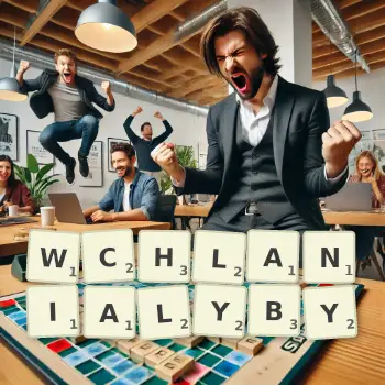 Kreatywna ilustracja do gry w Scrabble ze słowem WCHLANIALYBY ułożonym z płytek na planszy.
