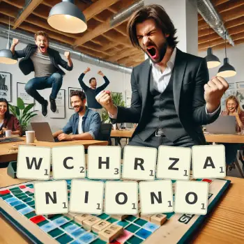 Kreatywna ilustracja do gry w Scrabble ze słowem WCHRZANIONO ułożonym z płytek na planszy.