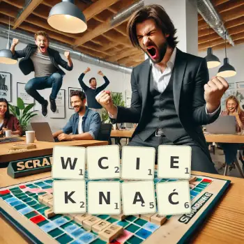 Kreatywna ilustracja do gry w Scrabble ze słowem WCIEKNĄĆ ułożonym z płytek na planszy.