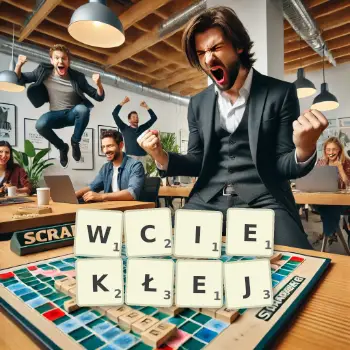 Kreatywna ilustracja do gry w Scrabble ze słowem WCIEKŁEJ ułożonym z płytek na planszy.