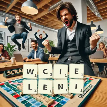 Kreatywna ilustracja do gry w Scrabble ze słowem WCIELENI ułożonym z płytek na planszy.