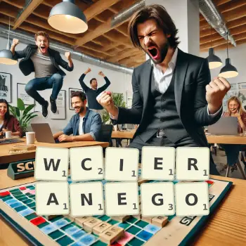Kreatywna ilustracja do gry w Scrabble ze słowem WCIERANEGO ułożonym z płytek na planszy.