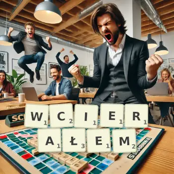 Kreatywna ilustracja do gry w Scrabble ze słowem WCIERAŁEM ułożonym z płytek na planszy.