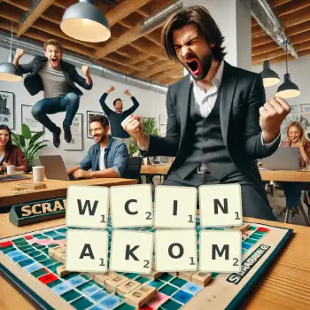 Kreatywna ilustracja do gry w Scrabble ze słowem WCINAKOM ułożonym z płytek na planszy.