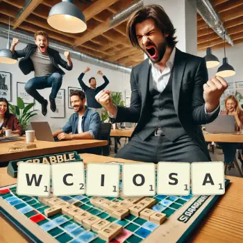 Kreatywna ilustracja do gry w Scrabble ze słowem WCIOSA ułożonym z płytek na planszy.