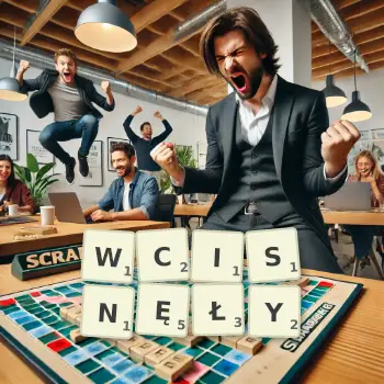 Kreatywna ilustracja do gry w Scrabble ze słowem WCISNĘŁY ułożonym z płytek na planszy.