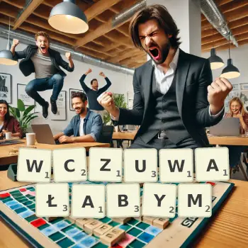 Kreatywna ilustracja do gry w Scrabble ze słowem WCZUWAŁABYM ułożonym z płytek na planszy.