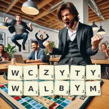Kreatywna ilustracja do gry w Scrabble ze słowem WCZYTYWALBYM ułożonym z płytek na planszy.