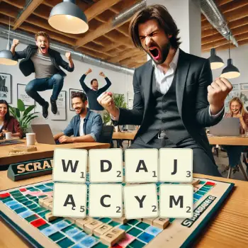Kreatywna ilustracja do gry w Scrabble ze słowem WDAJĄCYM ułożonym z płytek na planszy.