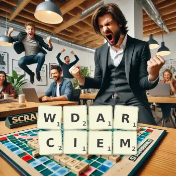 Kreatywna ilustracja do gry w Scrabble ze słowem WDARCIEM ułożonym z płytek na planszy.