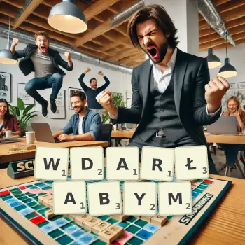 Kreatywna ilustracja do gry w Scrabble ze słowem WDARŁABYM ułożonym z płytek na planszy.