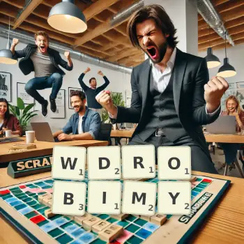 Kreatywna ilustracja do gry w Scrabble ze słowem WDROBIMY ułożonym z płytek na planszy.
