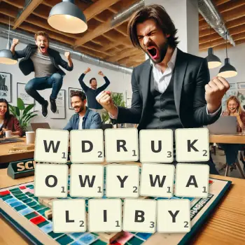 Kreatywna ilustracja do gry w Scrabble ze słowem WDRUKOWYWALIBY ułożonym z płytek na planszy.