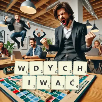 Kreatywna ilustracja do gry w Scrabble ze słowem WDYCHIWAĆ ułożonym z płytek na planszy.