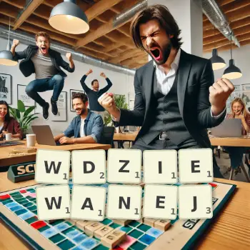 Kreatywna ilustracja do gry w Scrabble ze słowem WDZIEWANEJ ułożonym z płytek na planszy.
