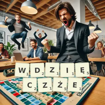 Kreatywna ilustracja do gry w Scrabble ze słowem WDZIĘCZŻE ułożonym z płytek na planszy.