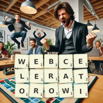 Kreatywna ilustracja do gry w Scrabble ze słowem WEBCELERATOROWI ułożonym z płytek na planszy.