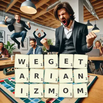 Kreatywna ilustracja do gry w Scrabble ze słowem WEGETARIANIZMOM ułożonym z płytek na planszy.