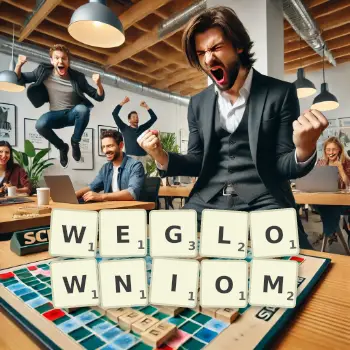Kreatywna ilustracja do gry w Scrabble ze słowem WEGLOWNIOM ułożonym z płytek na planszy.