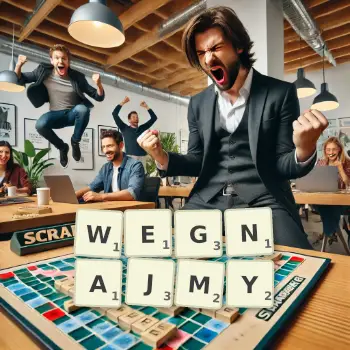 Kreatywna ilustracja do gry w Scrabble ze słowem WEGNAJMY ułożonym z płytek na planszy.