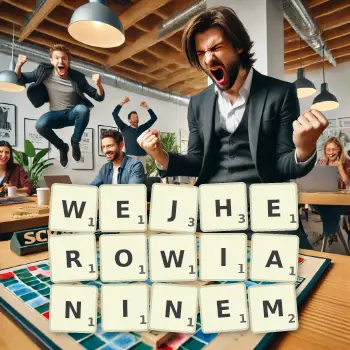 Kreatywna ilustracja do gry w Scrabble ze słowem WEJHEROWIANINEM ułożonym z płytek na planszy.