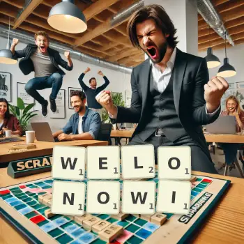 Kreatywna ilustracja do gry w Scrabble ze słowem WELONOWI ułożonym z płytek na planszy.