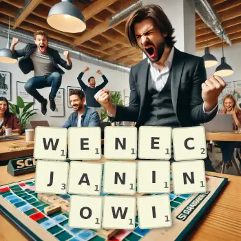 Kreatywna ilustracja do gry w Scrabble ze słowem WENECJANINOWI ułożonym z płytek na planszy.