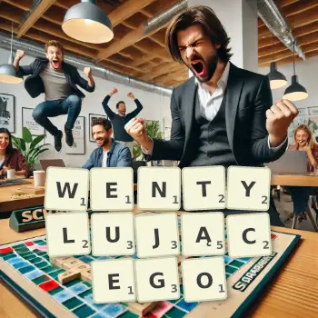 Kreatywna ilustracja do gry w Scrabble ze słowem WENTYLUJĄCEGO ułożonym z płytek na planszy.