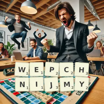 Kreatywna ilustracja do gry w Scrabble ze słowem WEPCHNIJMY ułożonym z płytek na planszy.