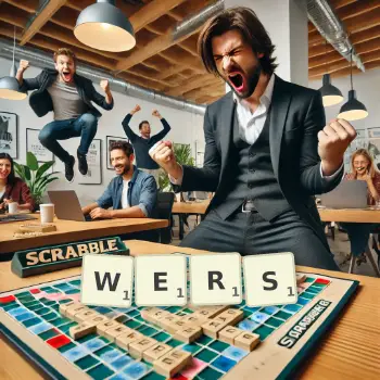 Kreatywna ilustracja do gry w Scrabble ze słowem WERS ułożonym z płytek na planszy.