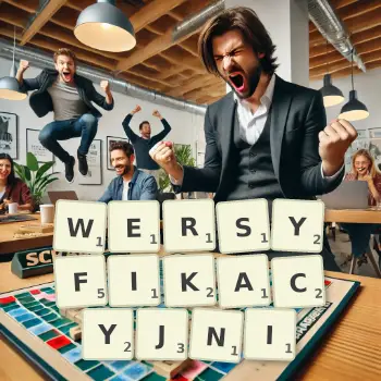 Kreatywna ilustracja do gry w Scrabble ze słowem WERSYFIKACYJNI ułożonym z płytek na planszy.