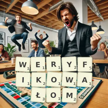 Kreatywna ilustracja do gry w Scrabble ze słowem WERYFIKOWAŁOM ułożonym z płytek na planszy.