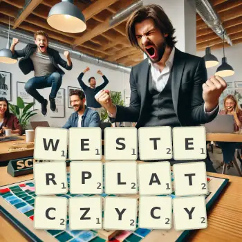 Kreatywna ilustracja do gry w Scrabble ze słowem WESTERPLATCZYCY ułożonym z płytek na planszy.