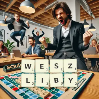 Kreatywna ilustracja do gry w Scrabble ze słowem WESZLIBY ułożonym z płytek na planszy.