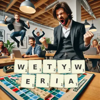 Kreatywna ilustracja do gry w Scrabble ze słowem WETYWERIA ułożonym z płytek na planszy.