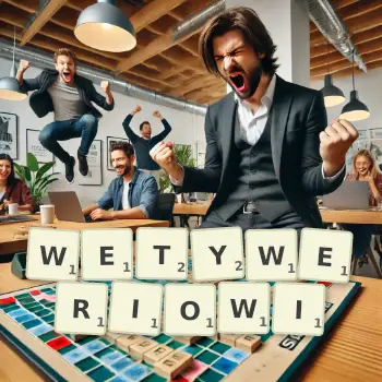 Kreatywna ilustracja do gry w Scrabble ze słowem WETYWERIOWI ułożonym z płytek na planszy.