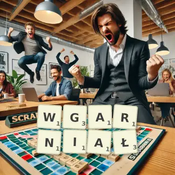 Kreatywna ilustracja do gry w Scrabble ze słowem WGARNIAŁ ułożonym z płytek na planszy.