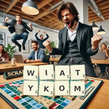 Kreatywna ilustracja do gry w Scrabble ze słowem WIATYKOM ułożonym z płytek na planszy.