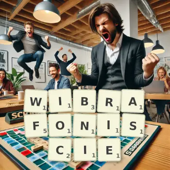 Kreatywna ilustracja do gry w Scrabble ze słowem WIBRAFONISCIE ułożonym z płytek na planszy.