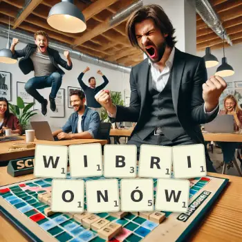 Kreatywna ilustracja do gry w Scrabble ze słowem WIBRIONÓW ułożonym z płytek na planszy.