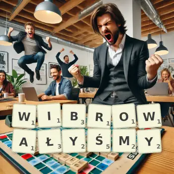 Kreatywna ilustracja do gry w Scrabble ze słowem WIBROWAŁYŚMY ułożonym z płytek na planszy.