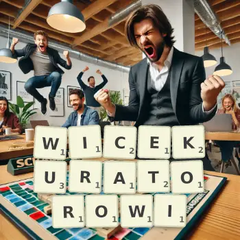 Kreatywna ilustracja do gry w Scrabble ze słowem WICEKURATOROWI ułożonym z płytek na planszy.